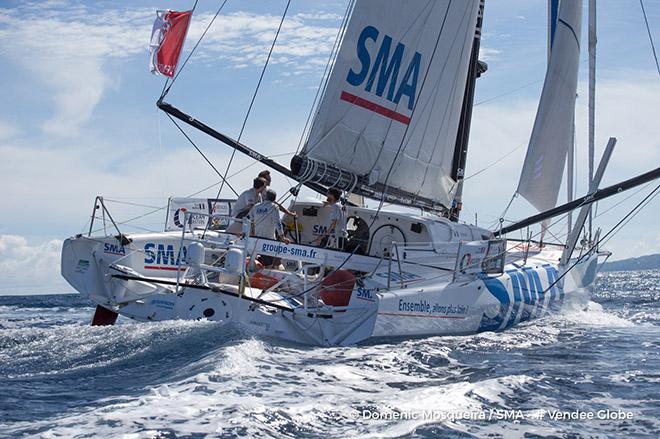 Paul Meilhat (FRA), skipper SMA, arriving in Tahiti, French territories, to repair his boat, after his keel had a problem and obliged him to retire from the Vendee Globe, solo circumnavigation sailing race, on December 29th, 2016. © Domenic Mosqueira